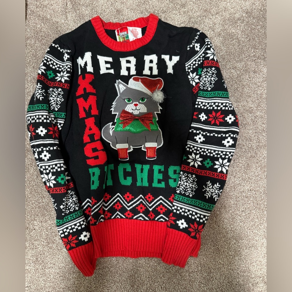 Spencers Workshop Women's "Merry Xmas Bitches" Ugly Christmas Sweater Size Med